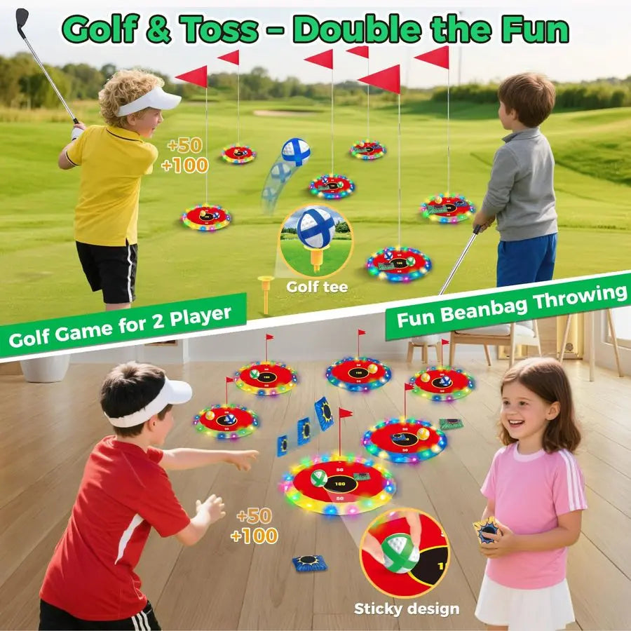 2in1 Light up Golf for Kids Golf Chipping Game amp Bean Bag Toss with 6 LED Targets, 2 Clubs, 18 Balls, Night Golfs Play for Ind