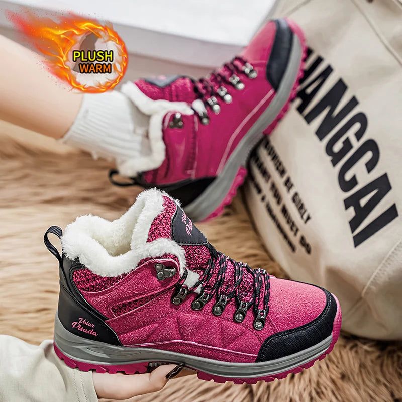 Winter Plush Fleece Lined Waterproof Snow Boots For Women Lace Up Non Slip