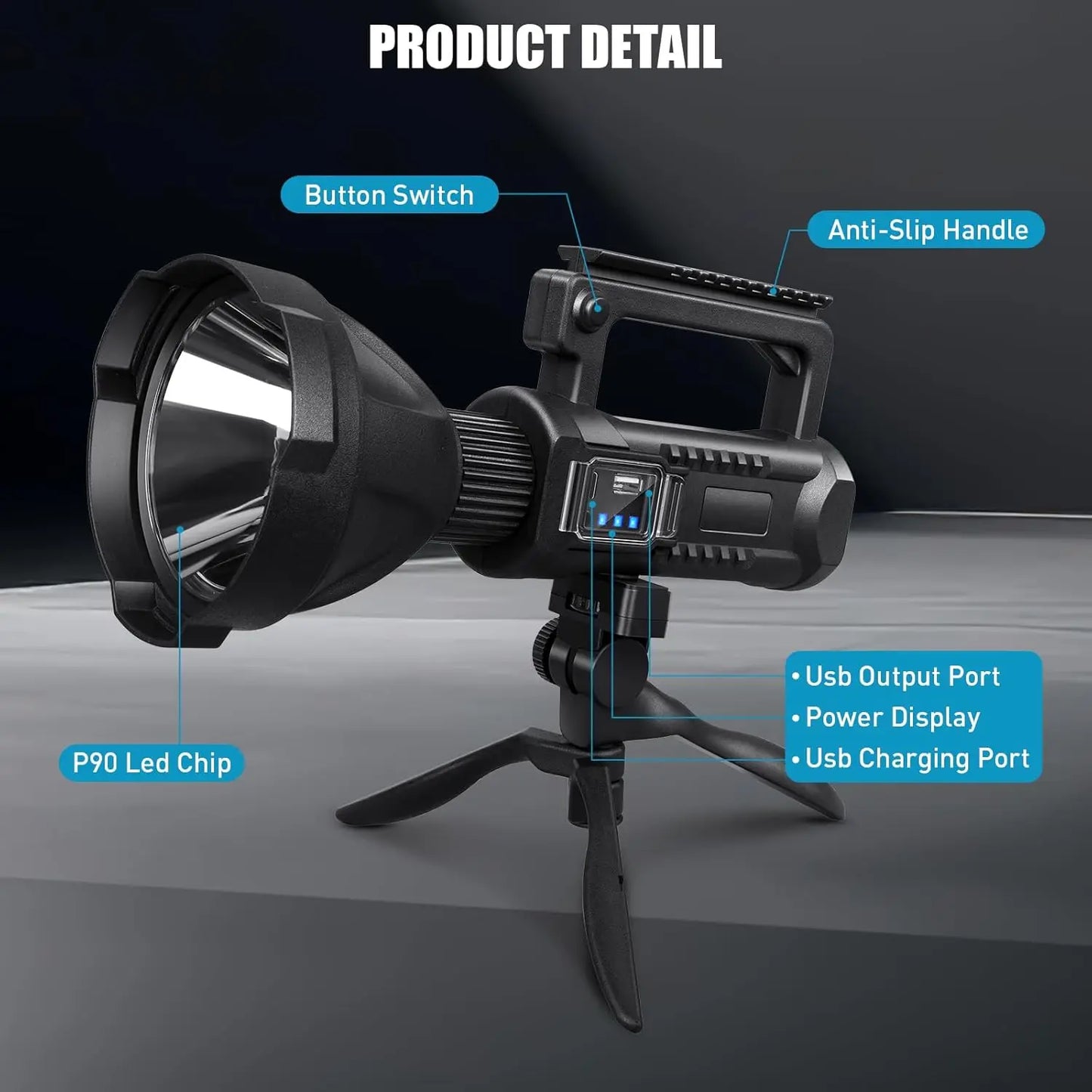 Rechargeable LED Spotlight Portable USB Searchlight Waterproof