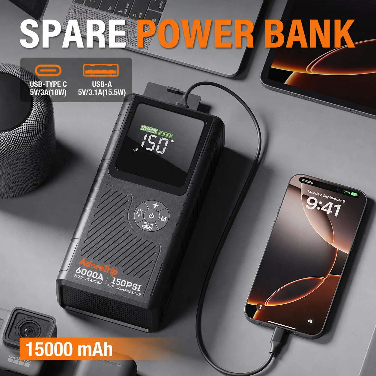 AdoreTrip 6000A Car Jump Starter With Air Compressor 150 PSI