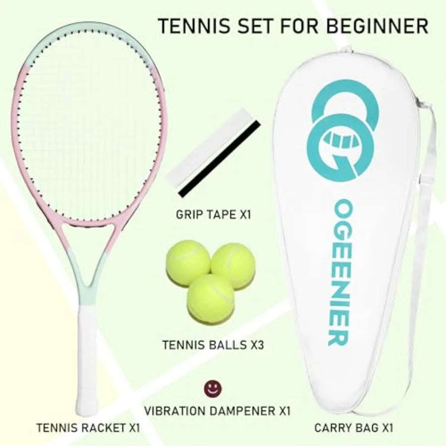 7" Tennis Racket Set for Adults, Pre-Strung Tennis Racquet for Beginners, Lightweight and Recreational Rackets with Overgrip, T