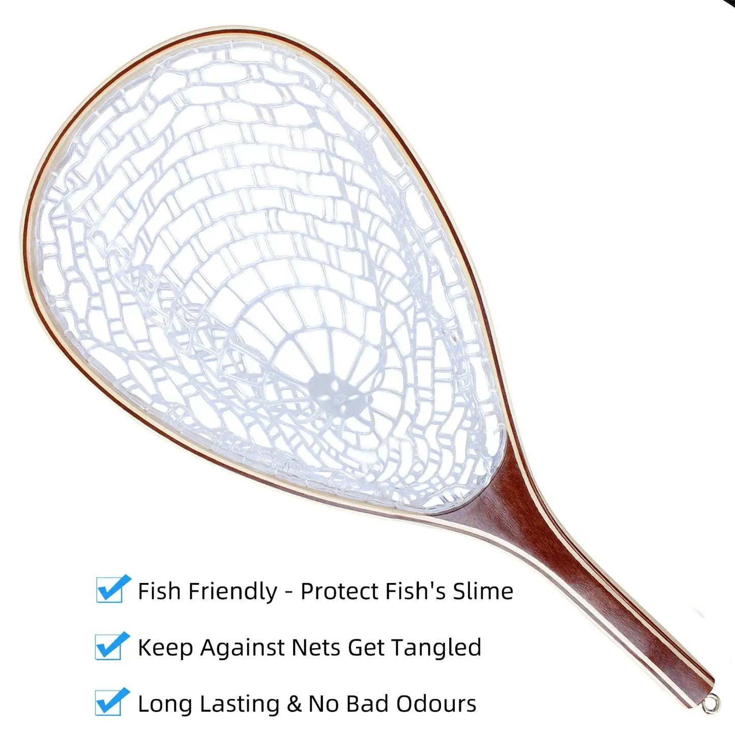 Wooden Frame Fly Fishing Landing Net With Knotless Rubber Mesh Fish Friendly
