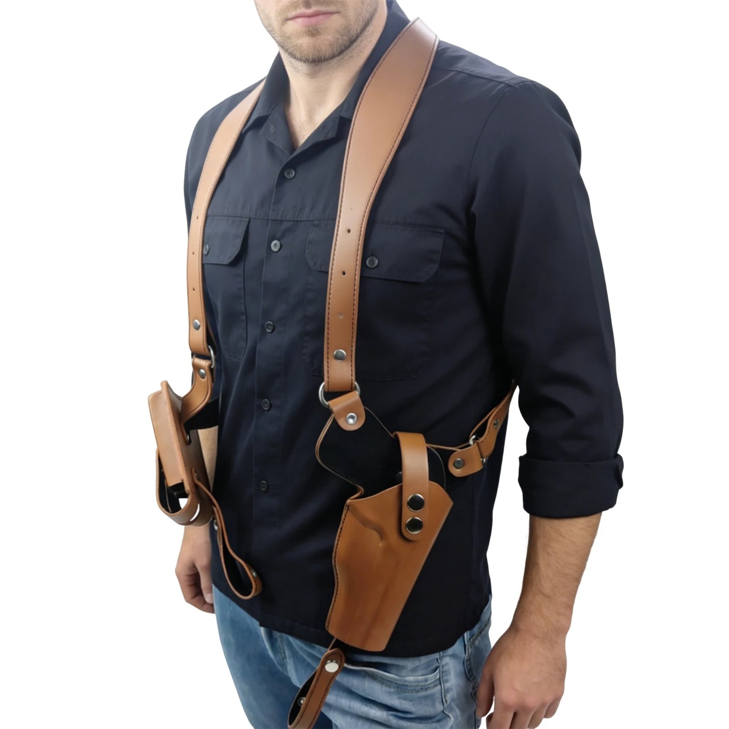 Leather  Stealth Pistol Holster with Double Magazine Pouch Adjustable Vertical Concealed Holster Fit 1911 92 92G Most Kinds of Pistols (Brown)