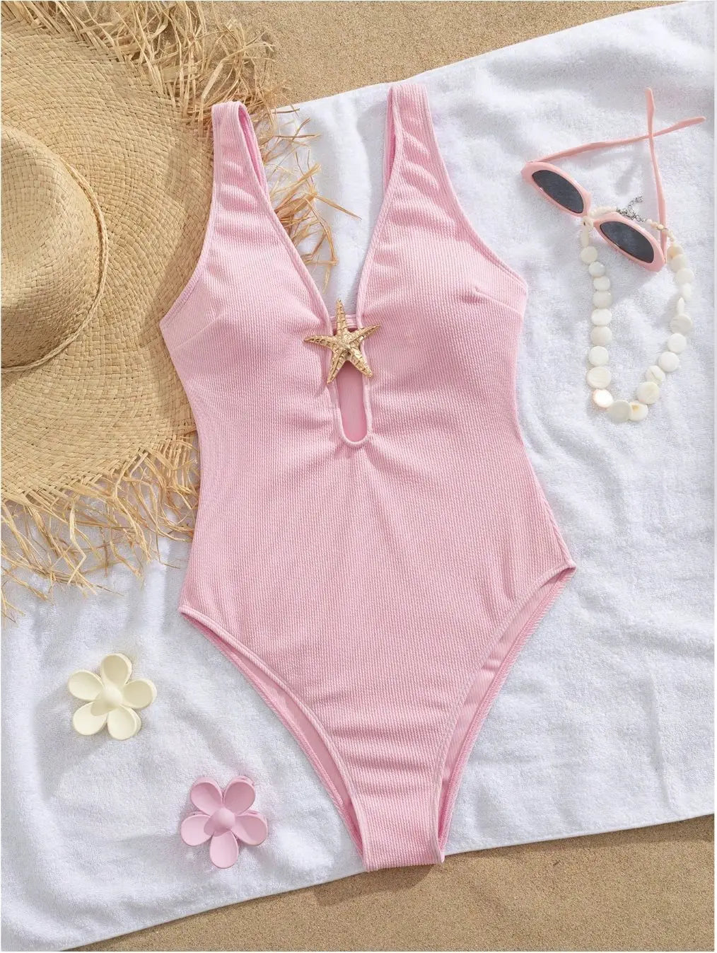 One Piece Swimsuit Monokini With Starfish Ornament Hollow V Neck