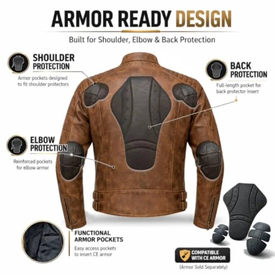 Mens Distressed Biker Jacket With Armor Pockets And Removable Liner