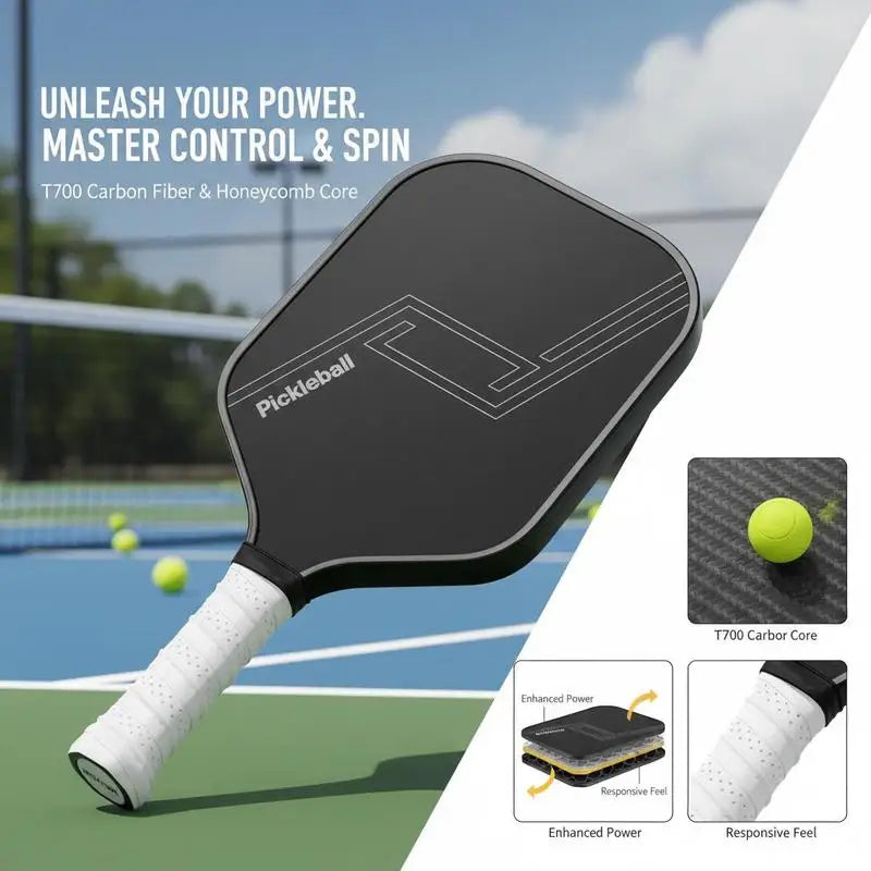 Pickleball Racket 16.5x7.5in For Tournament Club Training High Density Spin Honeycomb Core T700 Carbon Fiber Surface Black Professional Paddle Power Control Performance Adult Equipment