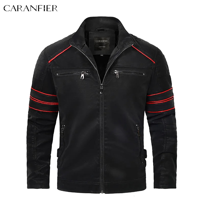 CARANFIER Mens Leather Jacket Washed Retro Velour PU Biker Coat