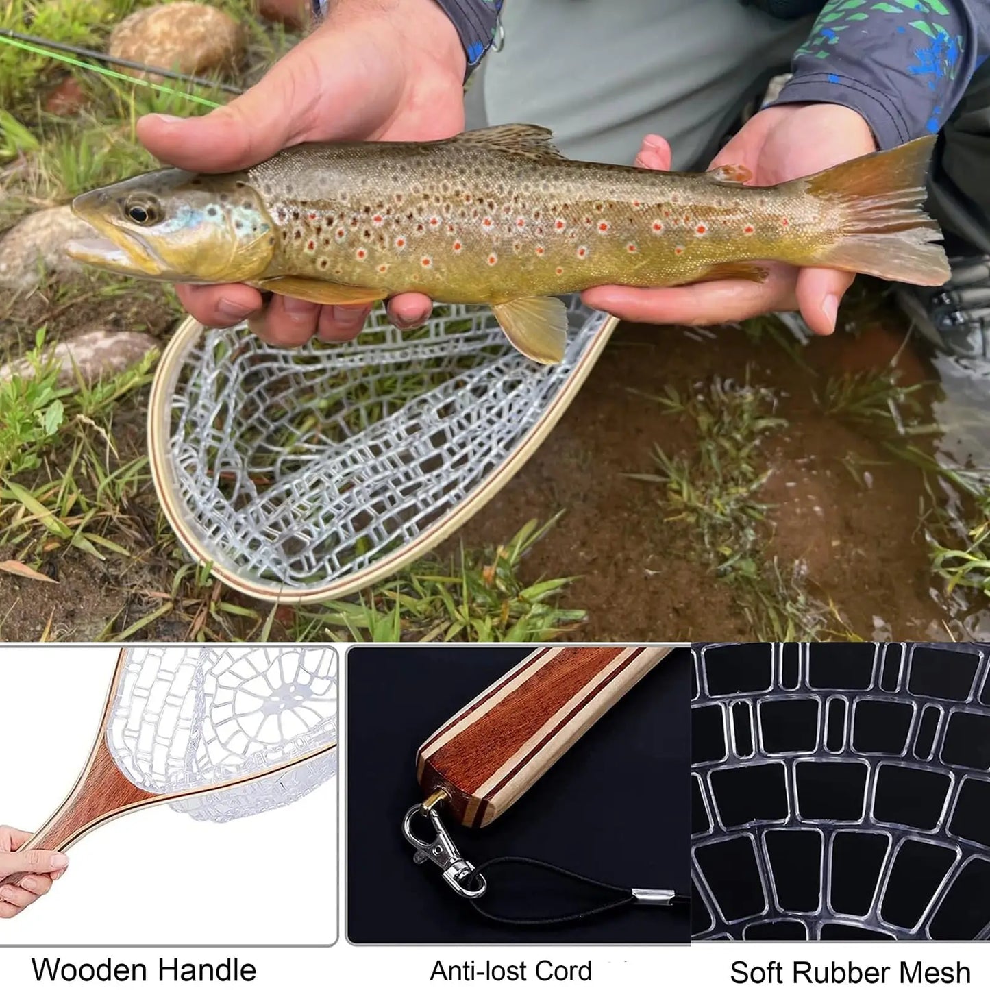Wooden Frame Fly Fishing Landing Net With Knotless Rubber Mesh Fish Friendly