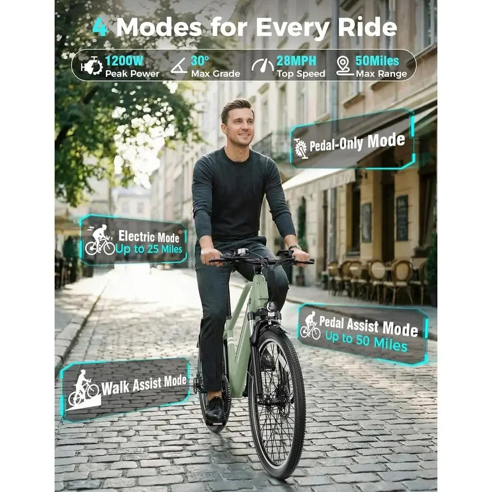 Electric Bike 1200W Motor, 28 MPH, 50 Mile Range, 7-Speed