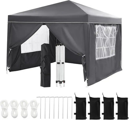 Gray outdoor canopy tent with side walls and accessories on a white background