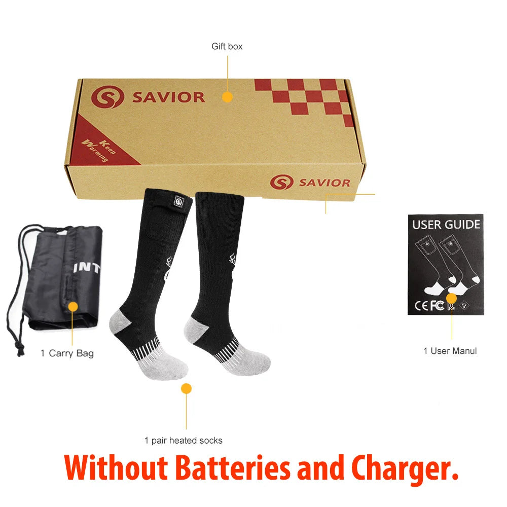 Heated socks packaging with 'Savior' branding, including a box, carry bag, user guide, and socks.