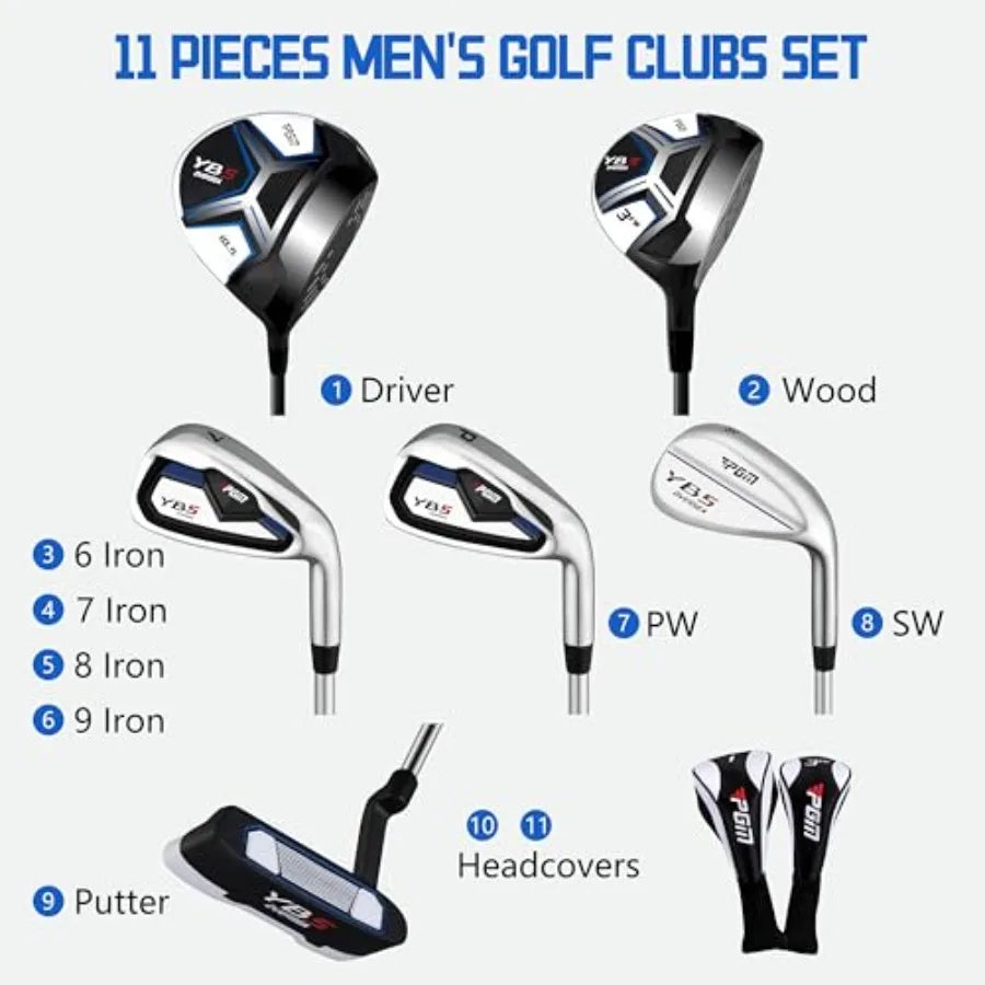 Golf club set for beginners: graphite shafts, black and silver finish, complete 14-piece right-handed set including 460cc drive