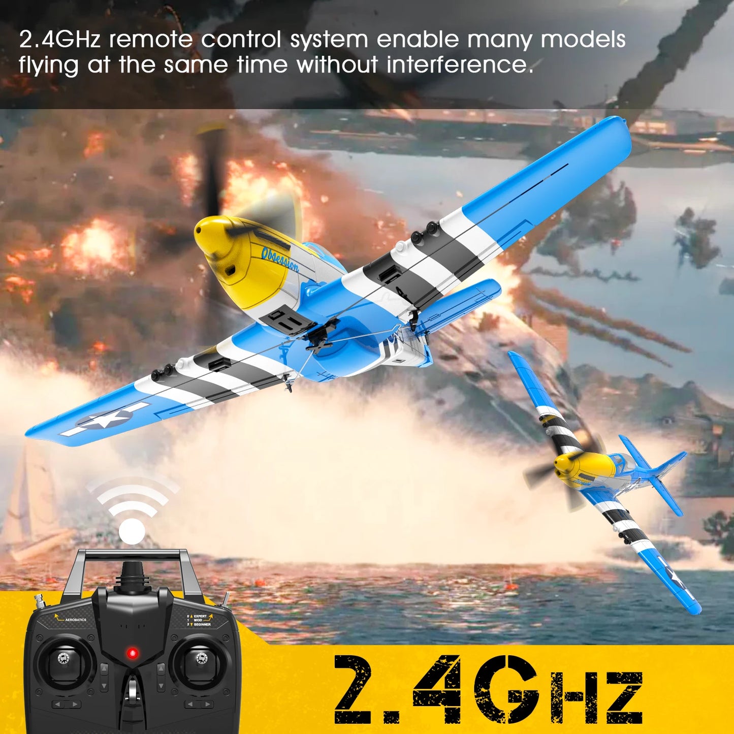 RCkuler Volantexrc 4Ch RTF RC Plane P51D Mustang OneKey Aerobatic 6Axis Gyro