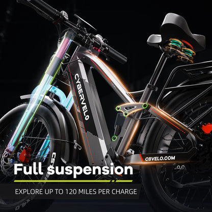 Cybervelo Strong Power Ebike, 5000W Motor Off Road Electric Bike, 100 Miles Long Range, 26"x4.0” Fat Tire, 60V 50Ah Big Battery EK9