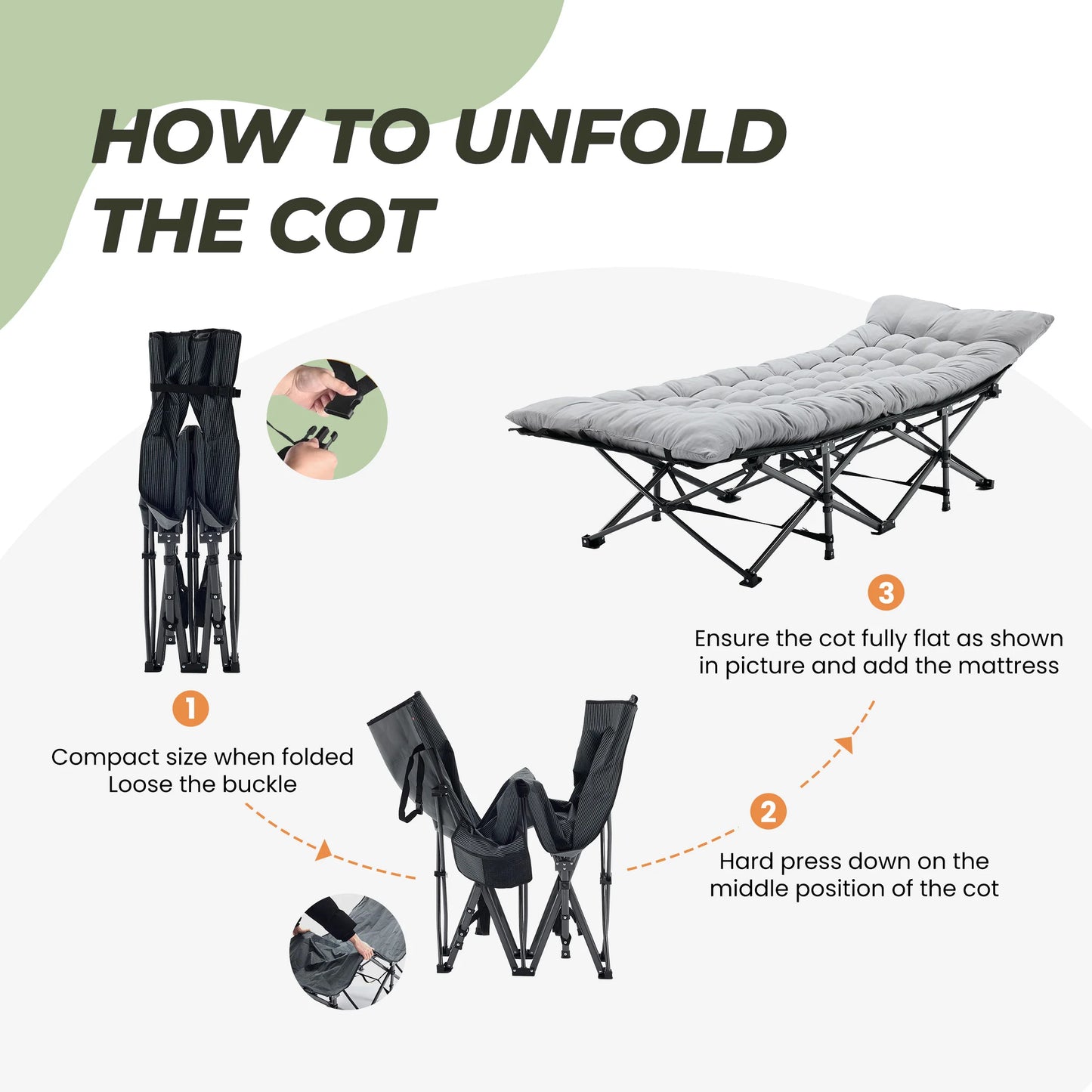 JHK Folding Camping Bed Lounge Chair With Sturdy Carbon Steel Frame