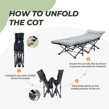 JHK Folding Camping Bed Lounge Chair With Sturdy Carbon Steel Frame
