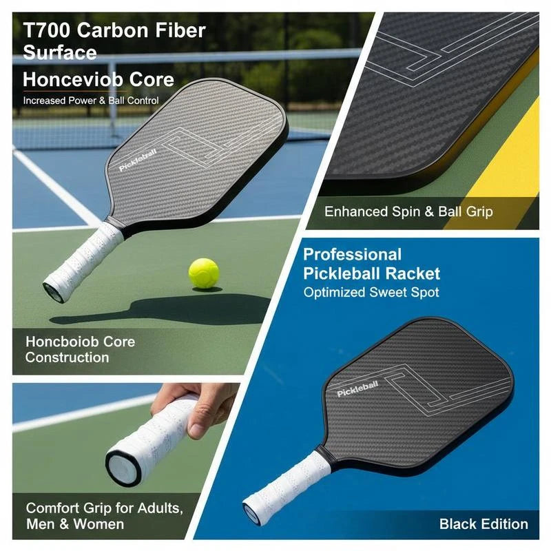 Pickleball Racket 16.5x7.5in For Tournament Club Training High Density Spin Honeycomb Core T700 Carbon Fiber Surface Black Professional Paddle Power Control Performance Adult Equipment