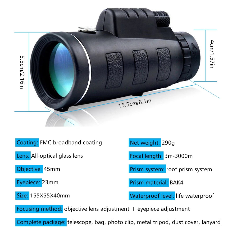High Power Monocular Telescope With Phone Holder And Tripod