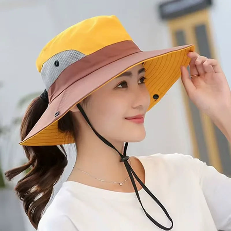 Breathable Mesh Wide Brim Sun Hat With Ponytail Hole For Beach And Fishing