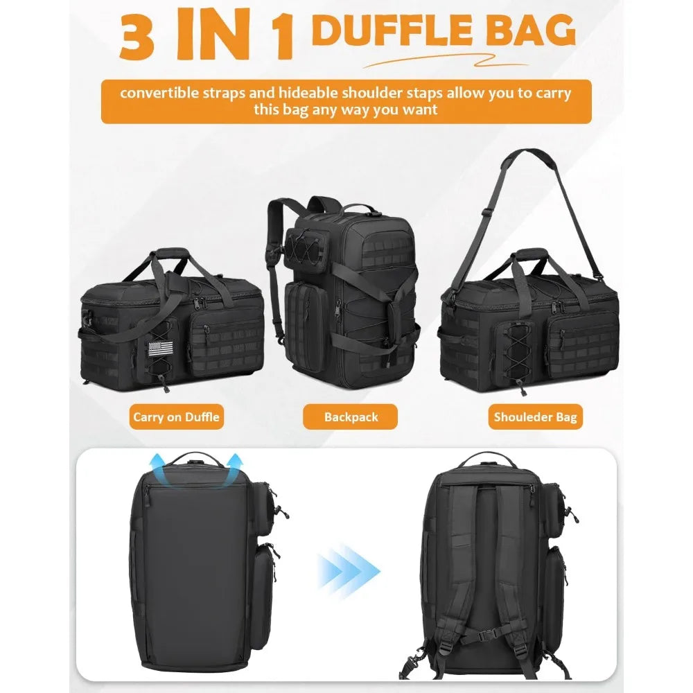50L 3-in-1 Tactical Gym Bag: Duffle, Backpack, Shoulder Bag with Shoe Compartment, Waterproof, for Travel & Workout