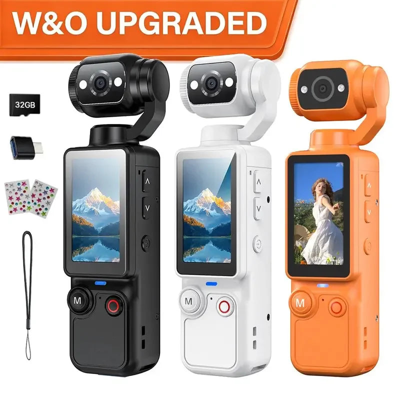 Three camera devices in black, white, and orange with screens displaying mountain and person images, accompanied by a 32GB microSD card.