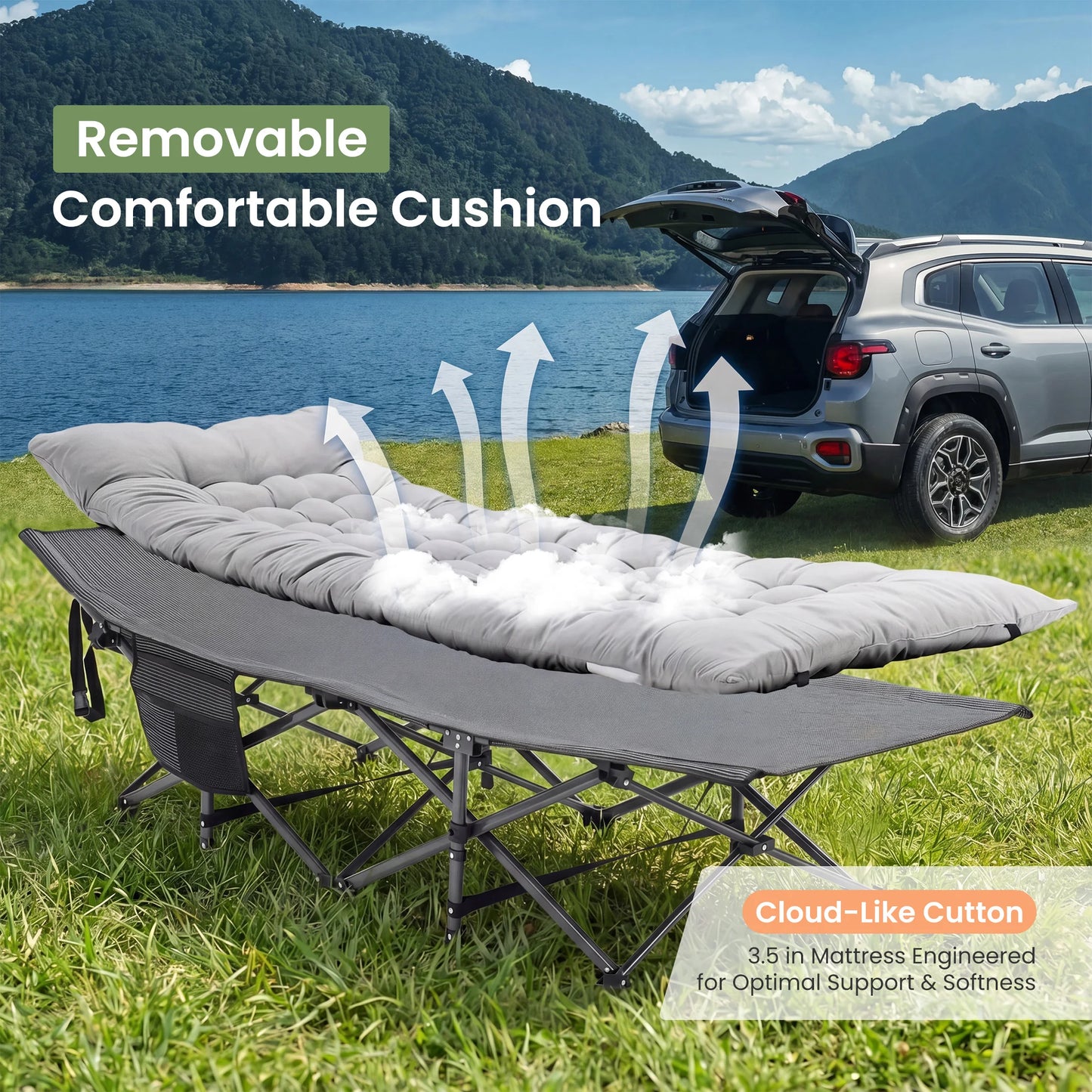 JHK Folding Camping Bed Lounge Chair With Sturdy Carbon Steel Frame