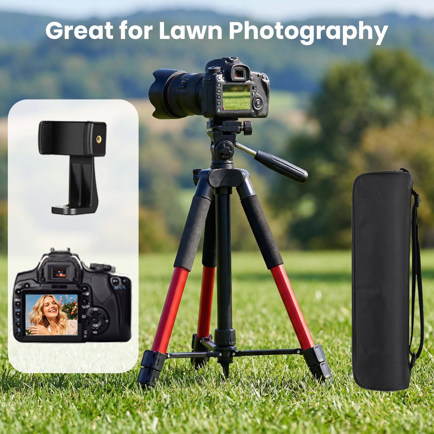 Heavy Duty 150cm Portable Camera Tripod, Universal for Phone & DSLR, Adjustable Stand with Phone Holder and Storage Bag for Outd