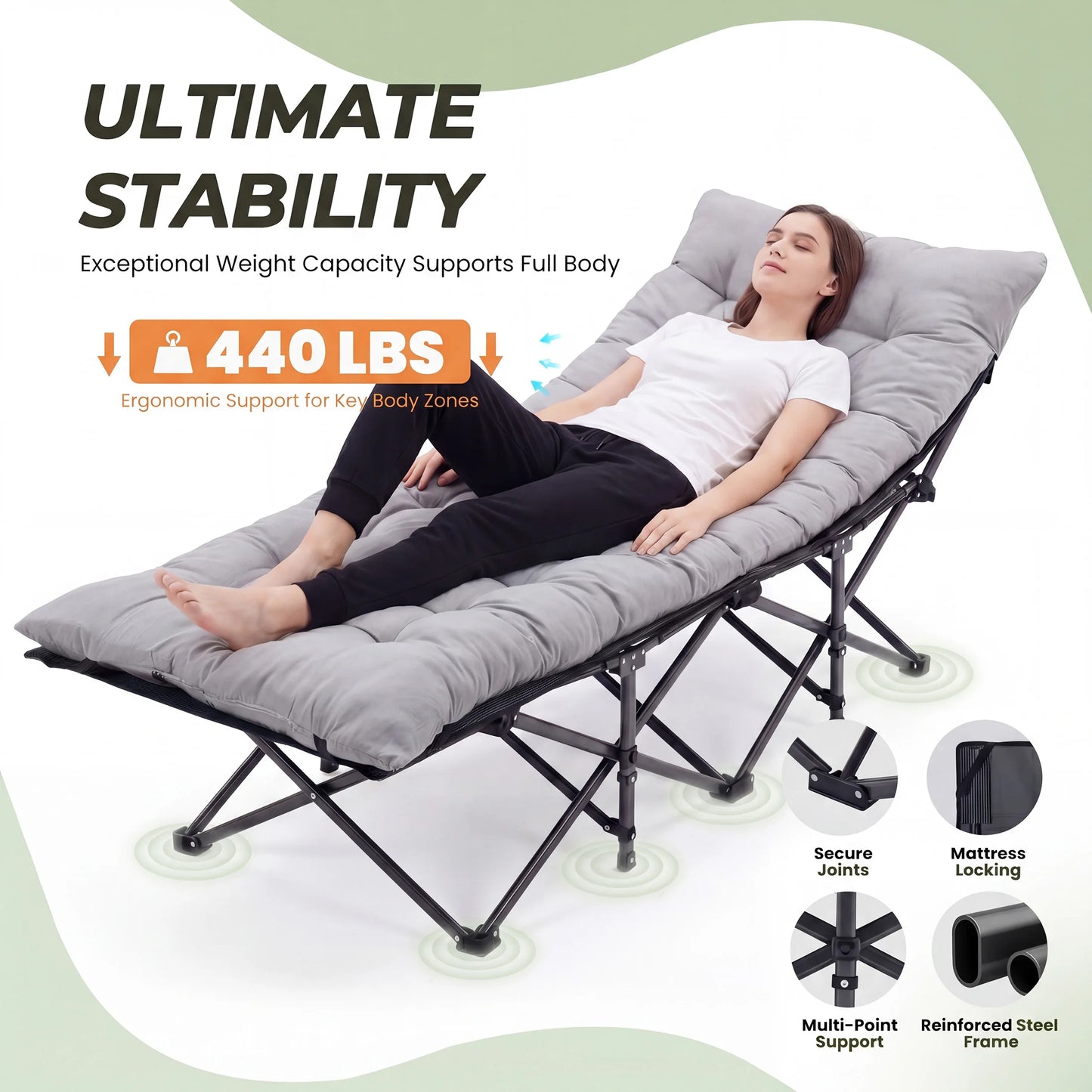 JHK Folding Camping Bed Lounge Chair With Sturdy Carbon Steel Frame