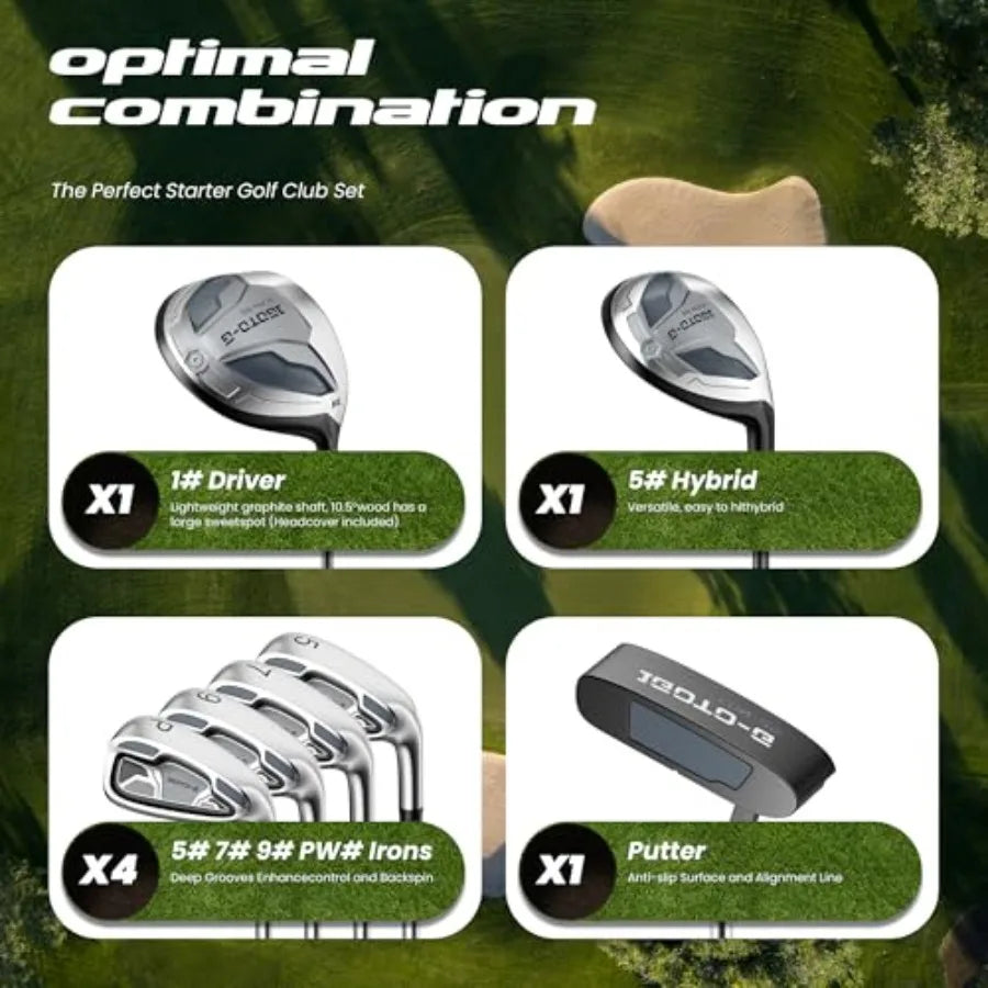 Golf clubs set for men and women: stainless steel, black/silver, complete 9-piece set with stand bag, rain hood, driver, hybrid