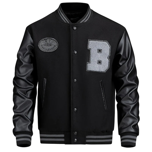 Men's Stylish Varsity Jacket, Button-Up Baseball Jacket With Fancy Embroidered Design & Pockets, Comfortable Fit Outerwear