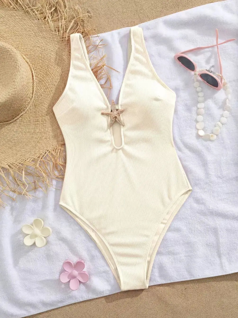 One Piece Swimsuit Monokini With Starfish Ornament Hollow V Neck