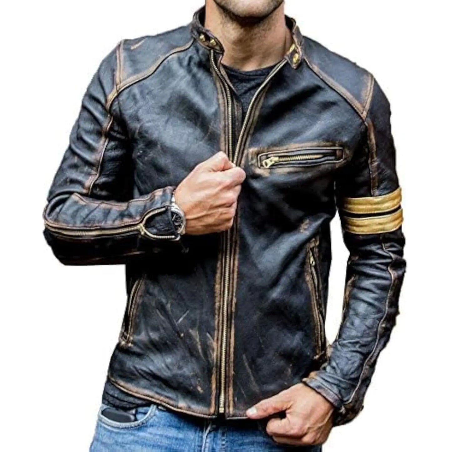 JUMPSNOW Retro Leather Moto Jacket For Men Streetwear Outerwear