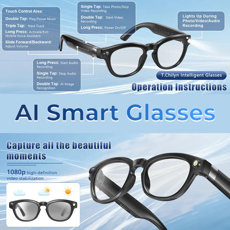Smart Glasses With Real Time Translation AI Assistant And 8MP Camera 1080P Video