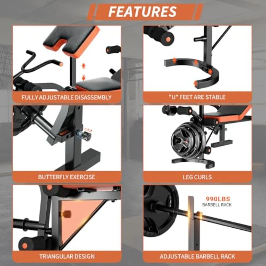 Adjustable Weight Bench With Squat Rack For Home Gym Preacher Curl Pad