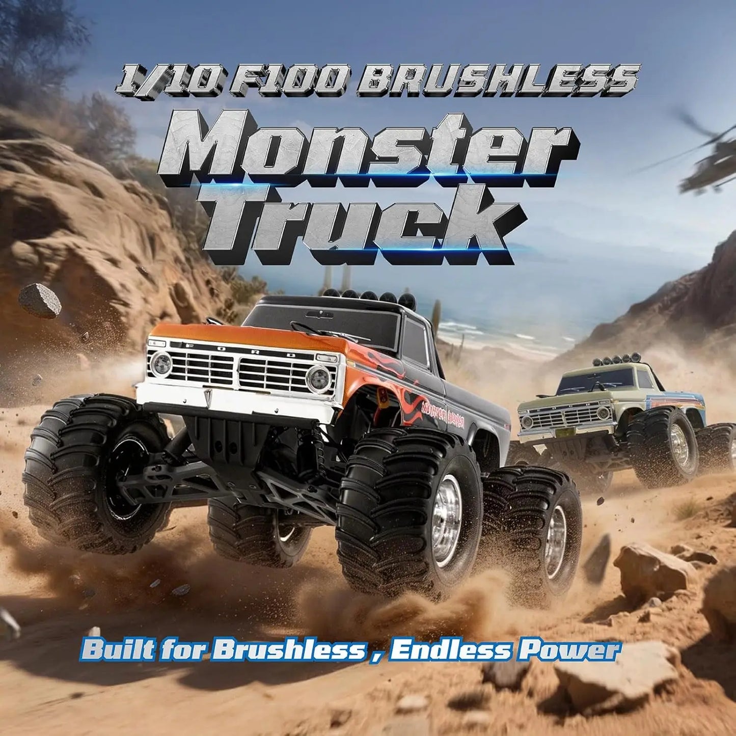 1/10 Ford F-100 Brushless Monster Truck Officially Licensed - 2WD High Speed Off-Road RC Rock Crawler, Hobby Grade Remote Control Car for Adults, RS No Battery (Black)
