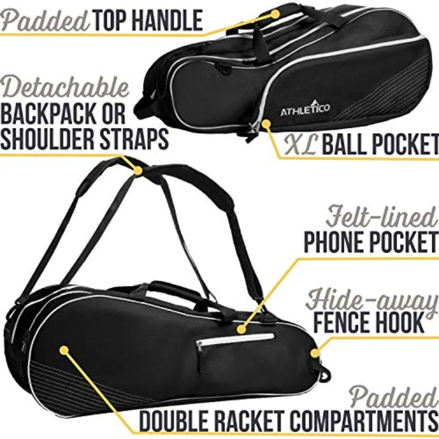 6 Racquet Tennis Bag Padded to Protect Rackets Lightweight Professional or Beginner Tennis Players Unisex Design for Men, Women
