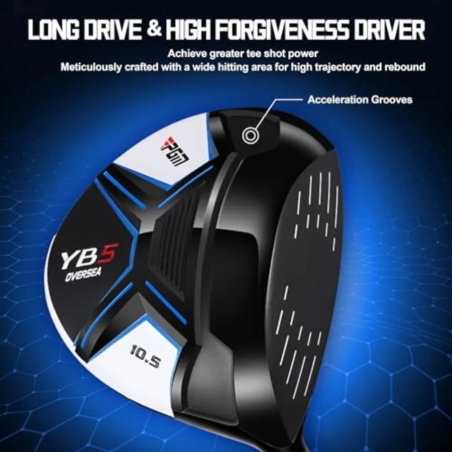 Golf club set for beginners: graphite shafts, black and silver finish, complete 14-piece right-handed set including 460cc drive