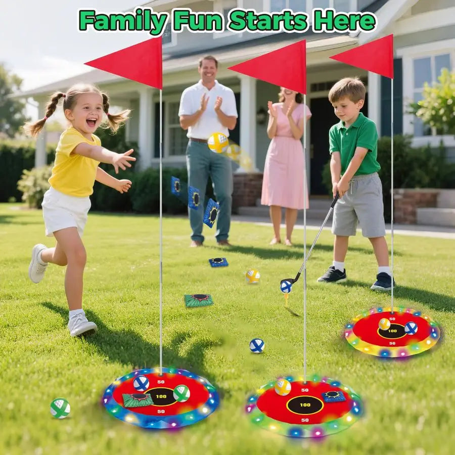 2in1 Light up Golf for Kids Golf Chipping Game amp Bean Bag Toss with 6 LED Targets, 2 Clubs, 18 Balls, Night Golfs Play for Ind