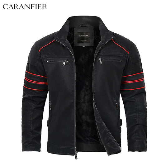 CARANFIER Mens Leather Jacket Washed Retro Velour PU Biker Coat