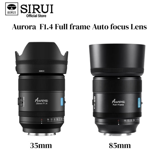 Two SIRUI Aurora F1.4 full frame auto focus lenses, 35mm and 85mm, on a white background.