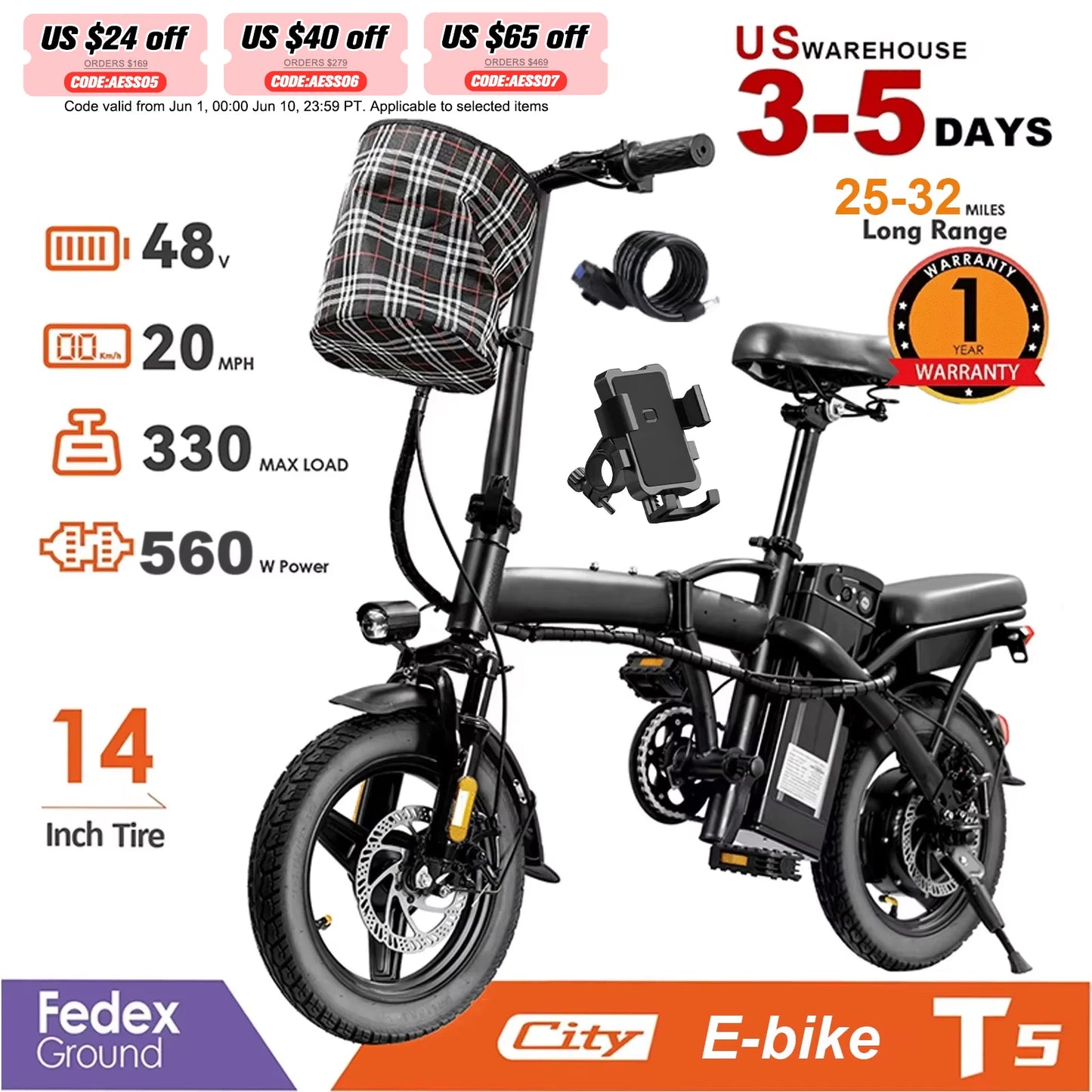 Furider 560W Folding Electric Bike With 48V Removable Battery