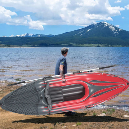 Inflatable Kayak Fishing Boat 1 Person Adult Red Canoe, with Paddles, Bag, Seats, High-Output Pump, Fin, for Lakes & Rivers