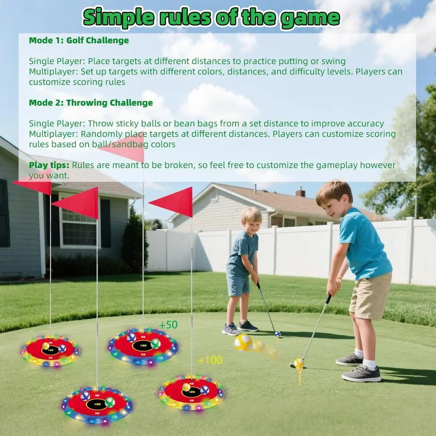 2in1 Light up Golf for Kids Golf Chipping Game amp Bean Bag Toss with 6 LED Targets, 2 Clubs, 18 Balls, Night Golfs Play for Ind