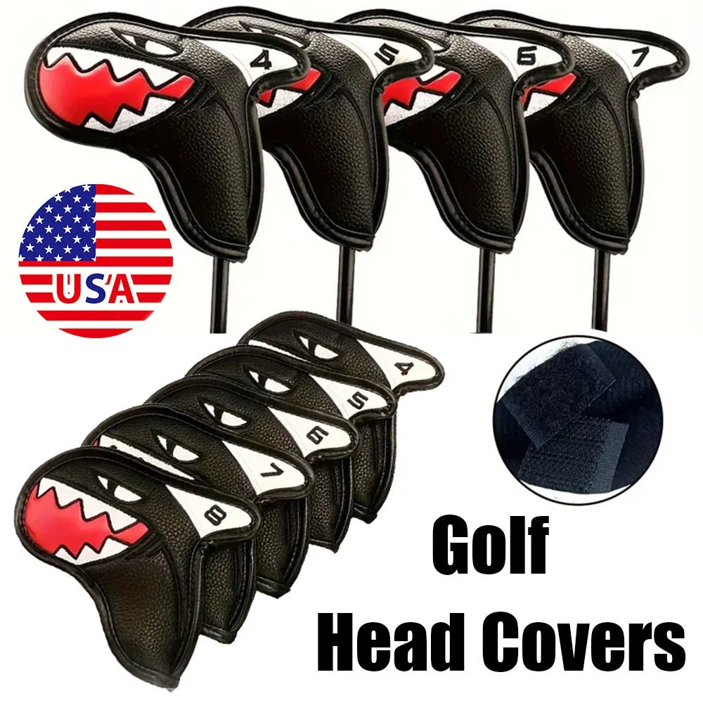 Shark Golf Iron Head Covers Set PU Leather Club Protection