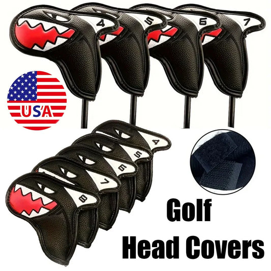 Shark Golf Iron Head Covers Set PU Leather Club Protection