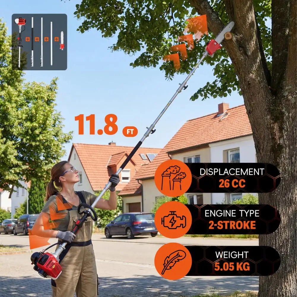 Gas Powered Pole Saw 26cc Extendable Reach 9.8 Feet