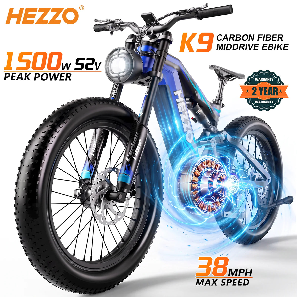 Hezzo Carbon 1000W Bafang Mid Drive Fat Tire Electric Bicycle