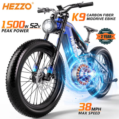 Hezzo Carbon 1000W Bafang Mid Drive Fat Tire Electric Bicycle