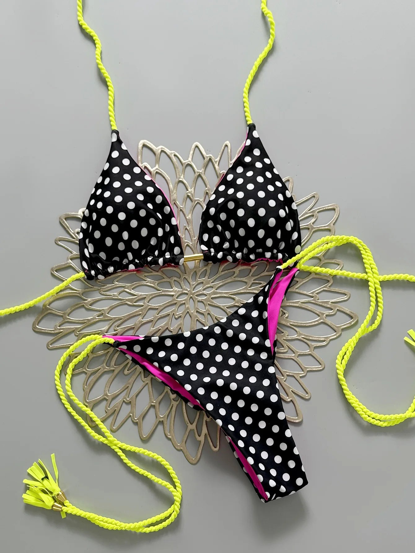 Polka Dot Two Piece Bikini Set Halter Top String Tie Side Swimwear