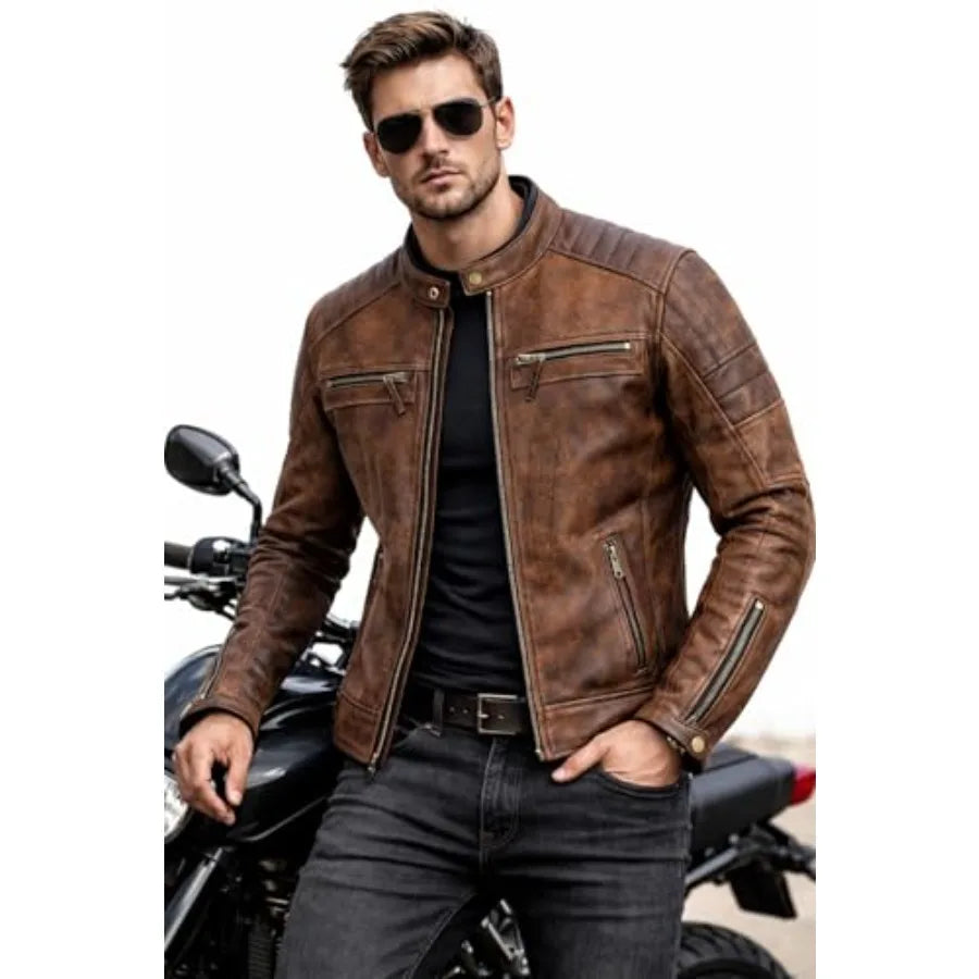 Mens Distressed Biker Jacket With Armor Pockets And Removable Liner